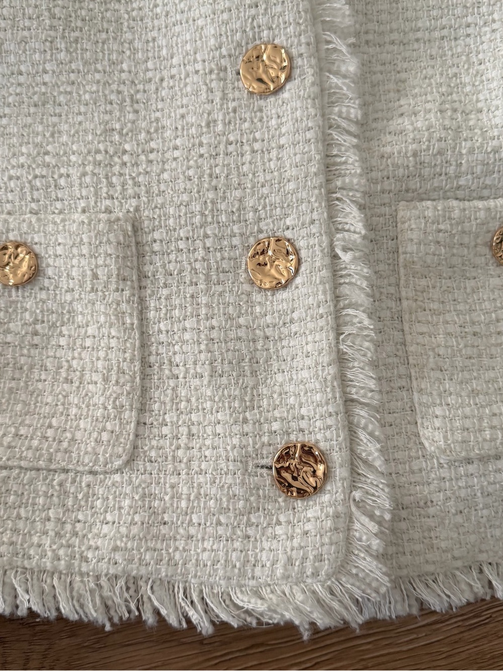 Tahari Cream Bouclé Fringe Jacket with Gold Buttons - Picture 4 of 6